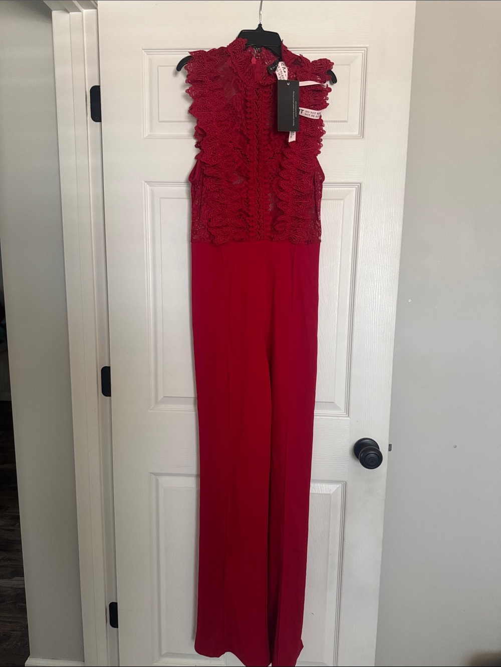 EMPRADA Red Lace Ruffle High-Neck Jumpsuit